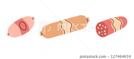 Delicious salami, beef sausage. Butchery menu. Vector illustration. 127464659