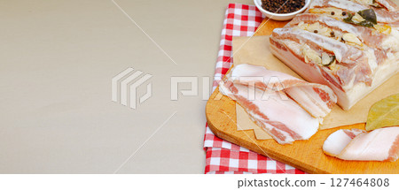 Traditional Ukrainian salo with spices and herbs Traditional Ukrainian salo with spices and herbs 127464808
