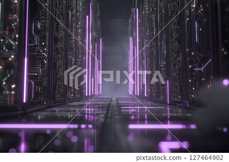 Neon pink cyberpunk circuit board city corridor 127464902