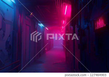 Neon pink cyberpunk circuit board city corridor 127464903