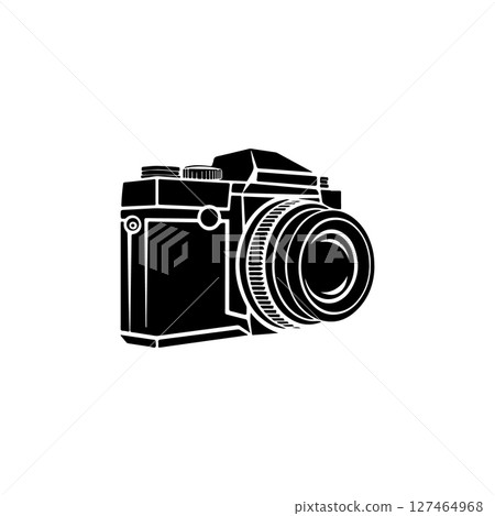 Illustration of a photo camera. Design element for logo, label, sign, poster, card. Vector illustration 127464968