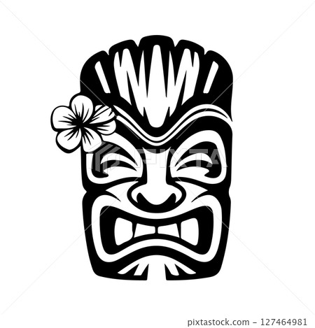 Tiki totem mask, Hawaiian indigenous vintage ritual mack. Hawaiian totems made wood and stone for bars and resorts for paradise holidays. Vector illustration Tiki totem mask, Hawaiian indigenous vintage ritual mack. Hawaiian totems made wood and stone for bars and resorts for paradise holidays. Vector illustration 127464981