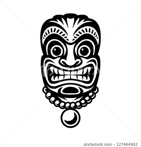 Tiki totem mask, Hawaiian indigenous vintage ritual mack. Hawaiian totems made wood and stone for bars and resorts for paradise holidays. Vector illustration Tiki totem mask, Hawaiian indigenous vintage ritual mack. Hawaiian totems made wood and stone for bars and resorts for paradise holidays. Vector illustration 127464982