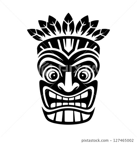 Tiki totem mask, Hawaiian indigenous vintage ritual mack.  Hawaiian totems made wood and stone for bars and resorts for paradise holidays. Vector illustration 127465002