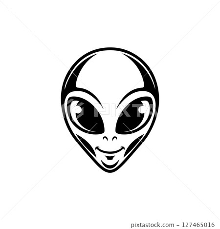 Illustration of a head of alien. Alien head. UFO. Cryptozoology. Design element for logo, label, sign, poster, card. Vector illustration 127465016