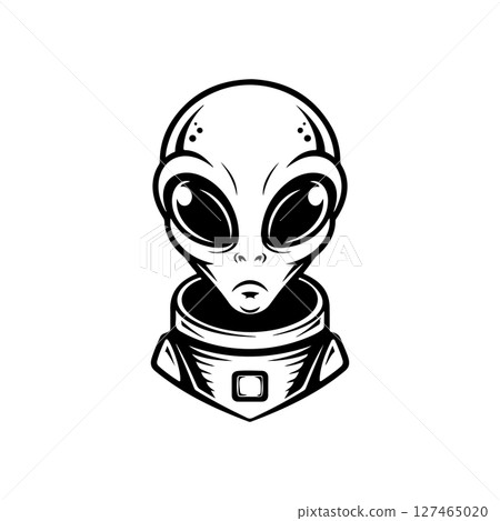 Illustration of a head of alien. Alien head. UFO. Cryptozoology. Design element for logo, label, sign, poster, card. Vector illustration Illustration of a head of alien. Alien head. UFO. Cryptozoology. Design element for logo, label, sign, poster, card. Vector illustration 127465020