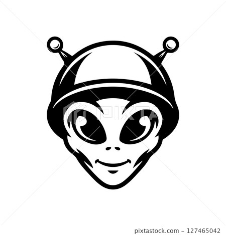 Illustration of a head of alien. Alien head. UFO. Cryptozoology. Design element for logo, label, sign, poster, card. Vector illustration 127465042