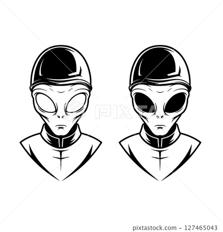 Illustration of a head of alien. Alien head. UFO. Cryptozoology. Design element for logo, label, sign, poster, card. Vector illustration 127465043