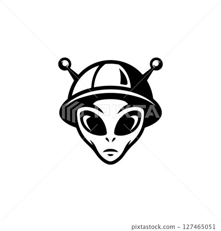 Illustration of a head of alien. Alien head. UFO. Cryptozoology. Design element for logo, label, sign, poster, card. Vector illustration Illustration of a head of alien. Alien head. UFO. Cryptozoology. Design element for logo, label, sign, poster, card. Vector illustration 127465051