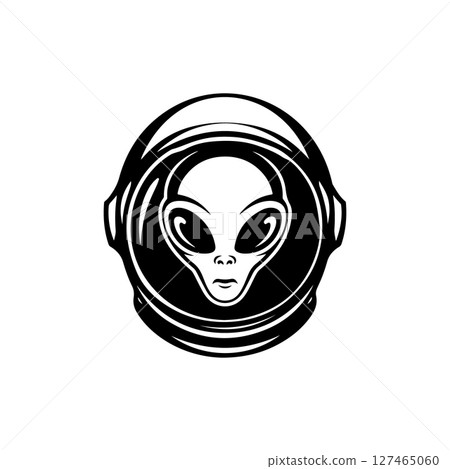 Illustration of a head of alien. Alien head. UFO. Cryptozoology. Design element for logo, label, sign, poster, card. Vector illustration 127465060