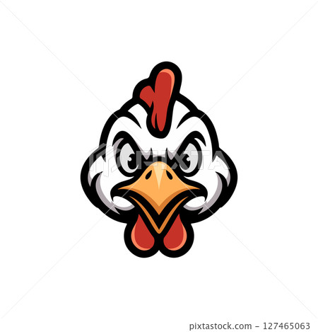 Illustration of chicken head in monochrome style. Chicken head in logo style. Design element for logo, emblem, sign, badge, poster. Vector illustration 127465063