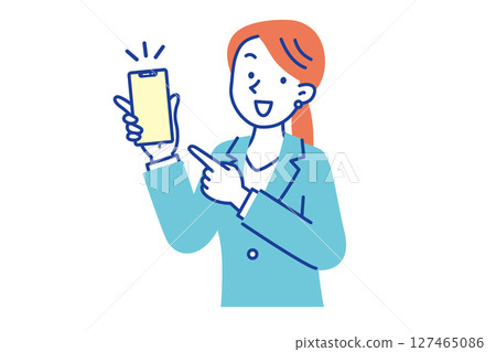 A young woman in a suit holding a smartphone and looking at this 127465086