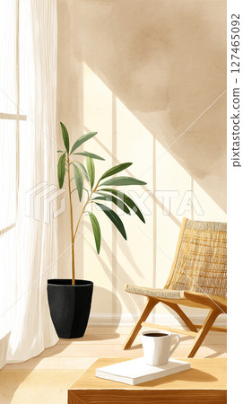 Cozy interior scene featuring a stylish chair, a potted plant, and a coffee cup on a wooden table, illuminated by soft sunlight streaming through sheer curtains 127465092