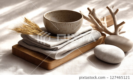 Minimalist arrangement featuring a textured bowl, soft linens, natural stones, and decorative coral on a wooden tray, creating a serene and calming atmosphere for home decor inspiration Minimalist arrangement featuring a textured bowl, soft linens, natural stones, and decorative coral on a wooden tray, creating a serene and calming atmosphere for home decor inspiration 127465121