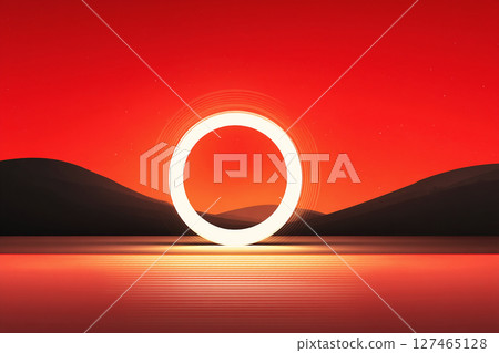 Abstract digital illustration of a glowing circular shape against a vibrant red sunset, reflecting on calm water with gentle waves and distant hills creating a serene atmosphere 127465128