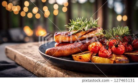 Grilled sausages served on a rustic wooden platter with roasted vegetables and fresh herbs, creating a warm and inviting outdoor dining atmosphere with soft bokeh lights 127465131
