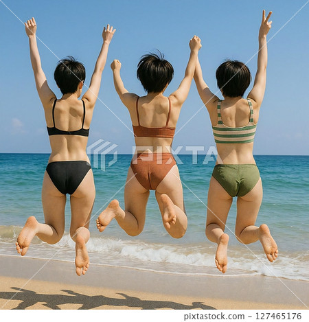 Generate a scene of short-haired women jumping into the sea 127465176