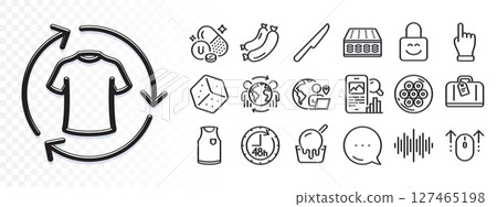 Table knife, Global business and Change clothes line icons for web app. Glare of light effect. Message icon. Pack of Ice cream, Swipe up, Outsource work pictogram icons. Vector 127465198