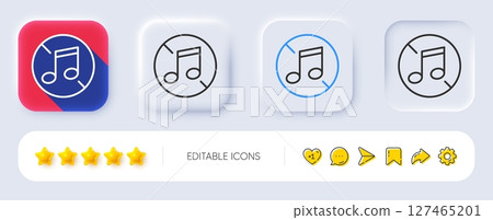 No music line icon. Neumorphic, Flat shadow, 3d buttons. Musical note sign. Mute audio sound symbol. Line no music icon. Social media icons. Vector 127465201