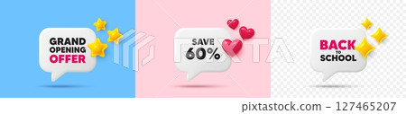 Discount chat speech bubble. 3d stars, sparkles, hearts chat bubbles. Save 60 percent off tag. Sale Discount offer price sign. Special offer symbol. Final sale, Back to school tag. Vector 127465207