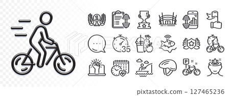 Bicycle helmet, Yoga mind and Laureate award line icons for web app. Glare of light effect. Message icon. Pack of Fishfinder, Bike, Winner cup pictogram icons. Vector 127465236