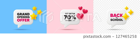 Extra discount chat speech bubble. 3d stars, sparkles, hearts chat bubbles. Get Extra 70 percent off Sale. Discount offer price sign. Special offer symbol. Save 70 percentages. Vector 127465258