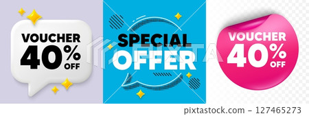 Coupon speech bubble. 3d sparkles chat, Paper sticker. Voucher 40 percent off sale. Special offer coupon sign. Black friday discount symbol. Special offer bubble. Halftone dots pattern. Vector 127465273