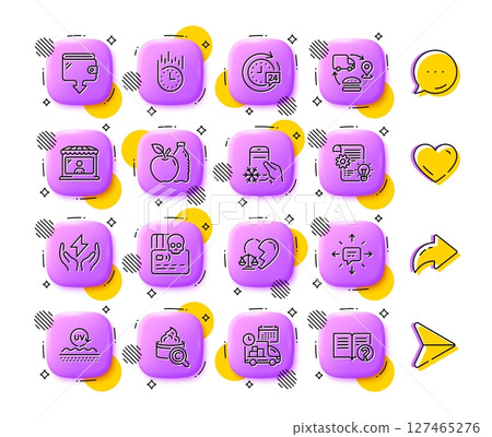 Fast delivery, Apple and Cyber attack line icons. App 3d buttons. Social media comment, share, like icons. Pack of Refrigerator app, Safe energy, Wallet icon. Vector Fast delivery, Apple and Cyber attack line icons. App 3d buttons. Social media comment, share, like icons. Pack of Refrigerator app, Safe energy, Wallet icon. Vector 127465276