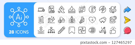 Puzzle, 3d chart and Silicon mineral line icons. Interest rate, AI generate, Inflation icons. Pack of Waterproof, Charging station, Power info icon. Vector 127465297