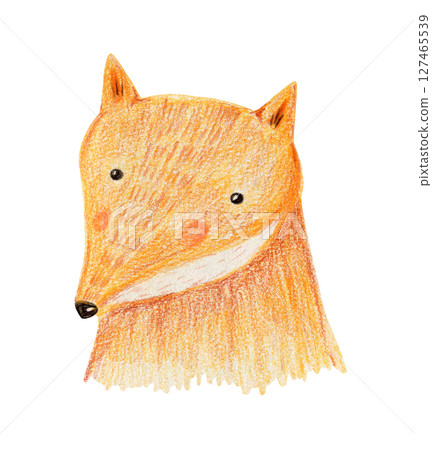 Cute crayon pencil hand drawing orange fox head with pink cheeks illustration. Hand painting animal textured portrait for birthday greeting card design, nursery poster, invitation, sticker 127465539