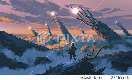 Astronaut Observes Giant Alien Structures Rising from Cloud-Covered Landscape at Sunset 127465588