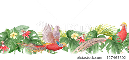 Golden pheasant flying and standing, tropical leaves, white and red flowers watercolor seamless border isolated on white. Hand drawn rainforest nature. Exotic paradise bird and plants illustration Golden pheasant flying and standing, tropical leaves, white and red flowers watercolor seamless border isolated on white. Hand drawn rainforest nature. Exotic paradise bird and plants illustration 127465802