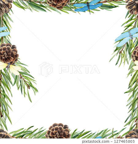 Pine branches, cones, dragonflies a botanical square frame. Hand-painted in watercolor. Perfect for eco branding, invitations, packaging, greeting cards, natural product labels and seasonal designs Pine branches, cones, dragonflies a botanical square frame. Hand-painted in watercolor. Perfect for eco branding, invitations, packaging, greeting cards, natural product labels and seasonal designs 127465803