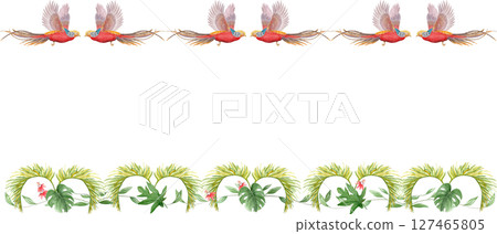 Flying tropical birds with long tails palm leaves, flowers watercolor horizontal frame isolated on white. Hand-painted perfect for wedding stationery, fabric prints, summer projects. Golden pheasant 127465805