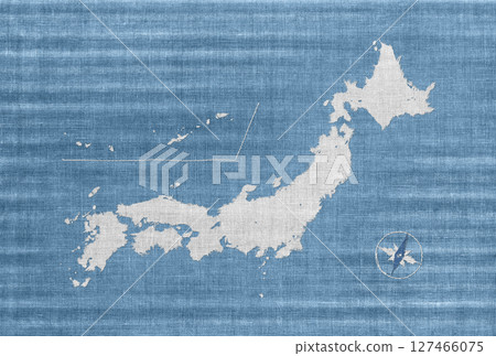 A sky-blue and white cotton map of Japan drawn with vintage indigo-dyed fabric 127466075