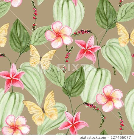 Kampot pepper plant with peppercorns, yellow butterflies and plumeria flowers watercolor seamless pattern on mocha background. Perfect for packaging, culinary design, branding, textile or eco labels Kampot pepper plant with peppercorns, yellow butterflies and plumeria flowers watercolor seamless pattern on mocha background. Perfect for packaging, culinary design, branding, textile or eco labels 127466077