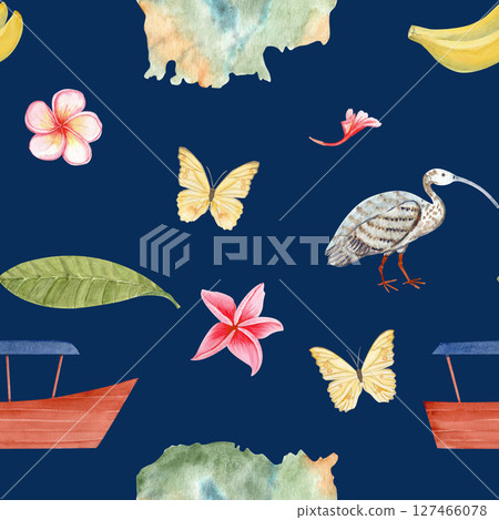 Cambodian map, flag, plumeria flower, boat, Ibis bird, bananas, watercolor illustration seamless pattern on dark blue. Ideal for travel blogs, packaging, souvenirs, tourism, cultural designs, textile 127466078
