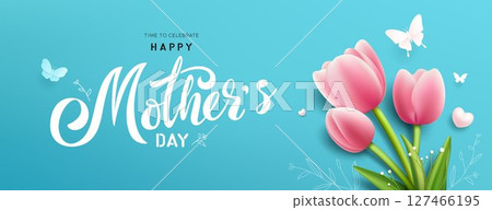 Happy mother's day pink tulips flower blue banner concept design background, EPS10 Vector illustration 127466195