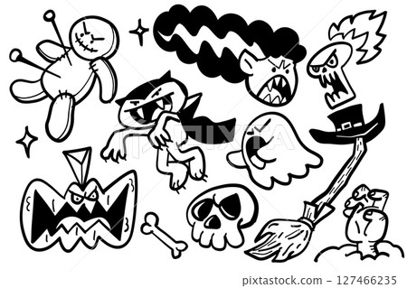 Spooky Halloween illustrations featuring ghosts, monsters, and pumpkin create fun atmosphere Spooky Halloween illustrations featuring ghosts, monsters, and pumpkin create fun atmosphere 127466235