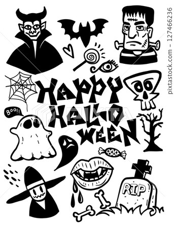 Happy Halloween with spooky elements like ghosts, bats, and skulls creates festive atmosphere 127466236