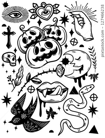 Spooky Halloween themed illustrations featuring pumpkins, skulls, and mystical symbols evoke 127466238
