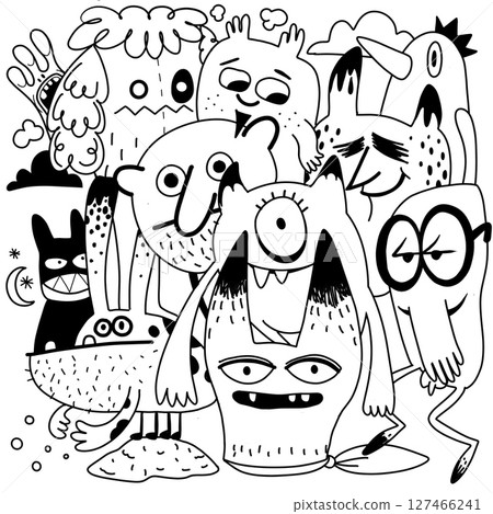 Cute and quirky cartoon monsters with various expressions and features create fun atmosphere Cute and quirky cartoon monsters with various expressions and features create fun atmosphere 127466241