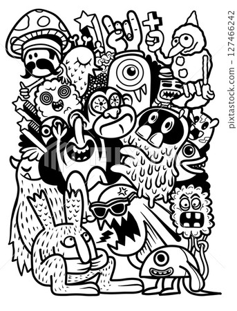 Colorful cartoon monsters and creatures playful, chaotic arrangement, showcasing various Colorful cartoon monsters and creatures playful, chaotic arrangement, showcasing various 127466242