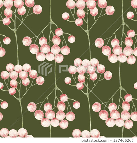 Pink berries on green stems seamless watercolor pattern on green background. Hand-painted for use in textile prints, gift wrap, packaging design, branding, stationery, and seasonal decor. Minimalistic Pink berries on green stems seamless watercolor pattern on green background. Hand-painted for use in textile prints, gift wrap, packaging design, branding, stationery, and seasonal decor. Minimalistic 127466265