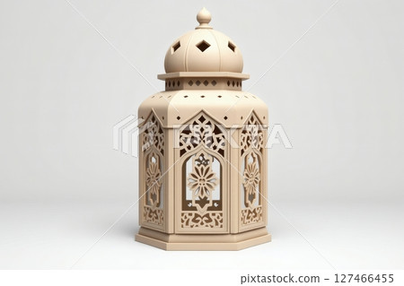 Exquisite beige Ramadan lantern design, featuring intricate geometric patterns and detailed craftsmanship. 127466455