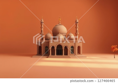 A stunning 3D render of a mosque with golden details, in an orange setting. A stunning 3D render of a mosque with golden details, in an orange setting. 127466465