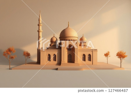 Elegant golden mosque with minaret and domes, surrounded by trees, soft lighting. 127466487