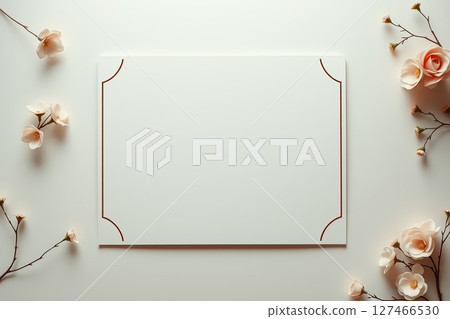 Blank white card with flowers on a light background Blank white card with flowers on a light background 127466530