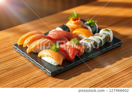 Delicious assortment of sushi arranged on a black plate, showcasing freshness and culinary artistry. 127466602
