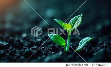Emerging green sprout in dark soil, macro shot Emerging green sprout in dark soil, macro shot 127466630